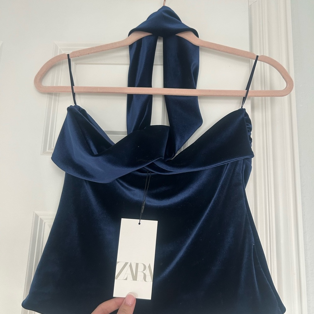 Zara Deep Blue Velvet Halter Top